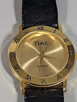 VTG Time Magazine Gold Tone Dial Round Case Black Leather Band Watch • $17.49