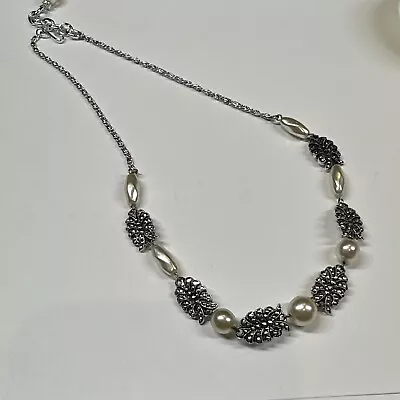 Vintage Aluminum Faux Marcasite Pearl Bead  Made In West Germany Necklace • $15