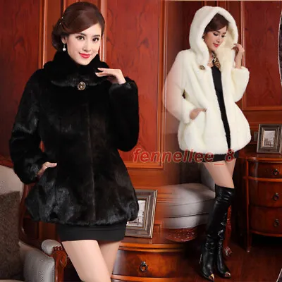 Womens Real Mink Fur Hooded Coat Outwear Mid-length Lapel Jacket Winter Warm New • $129.17