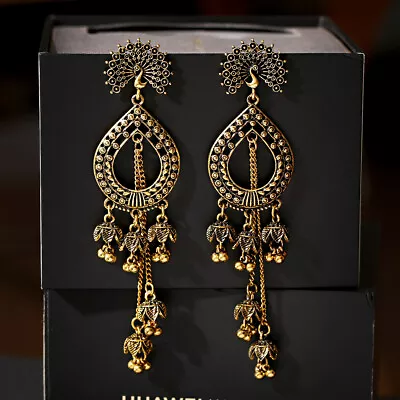 Vintage Gold Peacock Tassel Bell Drop Dangle Ethnic Gypsy Women Earrings Jewelry • $3.32