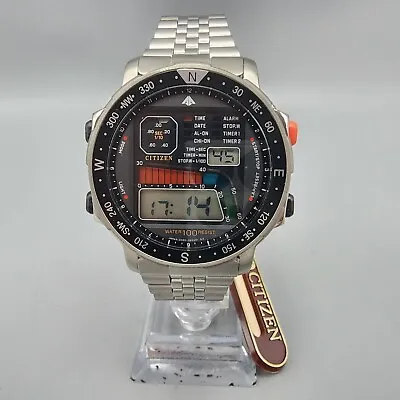 Citizen Windsurfing Watch Men Silver Tone Digital Alarm Chronograph 39mm NOS • $399.99