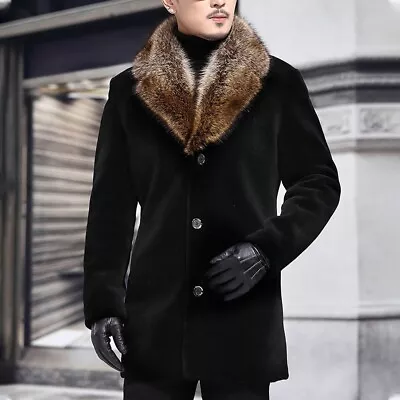 Mens Faux Fur Overcoat Fur Collar Outdoor Jacket Trench Coat Parka Thicken • £39.59