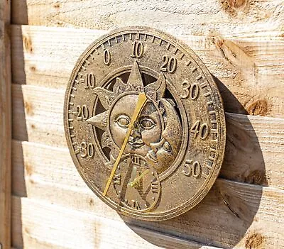 £19.99 • Buy Garden Thermometer Outdoor Wall Sun Moon Weather Station Decor 30cm Bronze Home