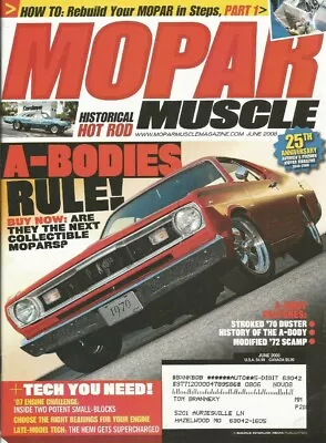 MOPAR MUSCLE 2008 JUNE - A-BODIES Spcl WICKED HEMI & SMALL BLOCKS • $11.95