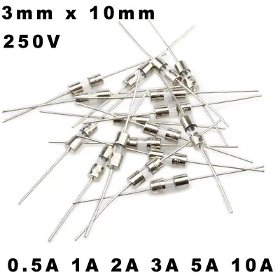 $2.17 • Buy 3mm X 10mm Foot Lead Glass Fuse Fast Fuses 250V 0.5A 1A 2A 3A 5A 10A Axial Amp