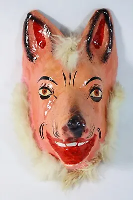 Vintage Paper Mache WOLF Head Costume Mask Painted Folk Art Theater W Rabbit Fur • $98.99