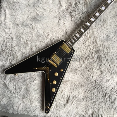 $332 • Buy Custom V Shape Black Electric Guitar Gold Hardware Fast Ship String Thru Body