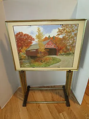 Midcentury TV Trays Tables & Stand 5 Pc. Coca Cola Barn & Bridge Folding 1970's • $179