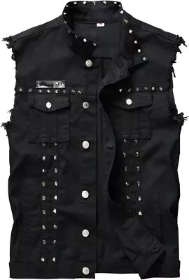 Men's Punk Denim Vest Sleeveless Jean Jackets With Rivets • $74.62