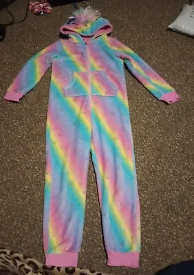 Girls Nutmeg Rainbow Unicorn Fleece All In One Dressing Gown/Robe 7-8 Years • £6.99