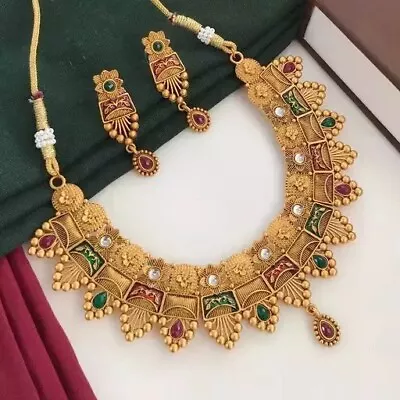 Bollywood Indian 22K Gold Plated Bollywood Wedding Necklace Earrings Jewelry Set • £14.09