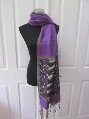 Purple & Beige Animal Print 100% PASHMINA Fringed Scarf Wrap • £8.69