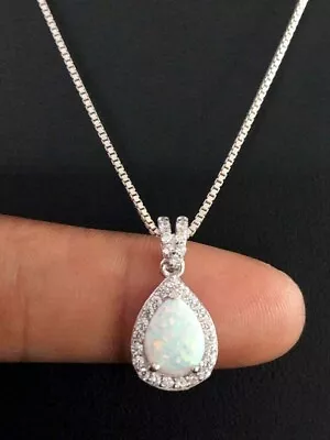 3.00Ct Pear Cut Fire Opal & Diamond Pendant 14k White Gold Finish18'' Free Chain • $46.20