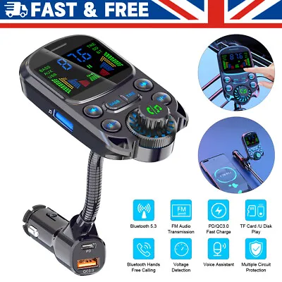 Bluetooth 5.3 Car Charger Dual USB QC3.0 PD Wireless FM Transmitter MP3 Player • £17.49