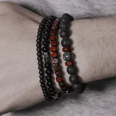 Men's Bracelet Set: Natural Stone And Wooden Beads In Black • $8.23