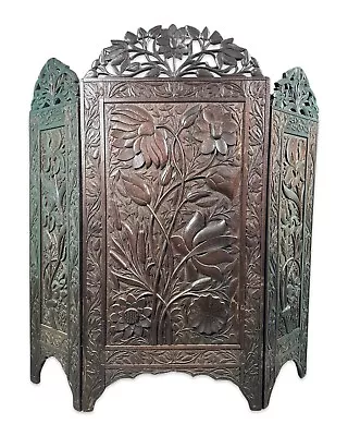 Vintage ART NOUVEAU Style CARVED FLOWER Old TRYPTIC Wood FIREPLACE Fire SCREEN • $0.99