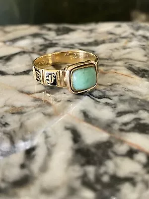 Antique Victorian 1860 18ct Gold Black Enamel Chrysoprase Mourning Ring / Size 8 • $825