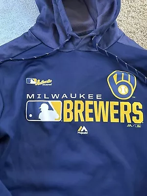 Milwaukee Brewers Authentic Majestic Hoodie Mens Large Pullover Blue Sweatshirt • $19.99