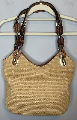 MICHAEL KORS STRAW SHOULDER BAG W/ REPTILE LEATHER TRIM GOLD TONE HARDWARE Boho • $35.02