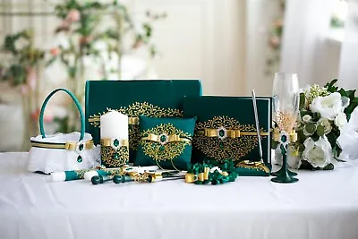 Wedding Set Green And Gold Personalized Card Box Green Emerald Wedding Book • £52.94