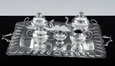 CUTE VERY SMALL MINIATURE STERLING SILVER 5pc TEA & COFFEE SET ON TRAY W STONES • $58