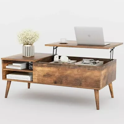 Lift Top Coffee Table Hidden Compartment And Adjustable Storage Shelf Rustic Oak • $63.99