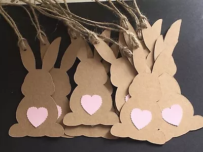 10 Large White / Kraft Heart Easter Bunny Gift Tag Labels + Ties • £2.45