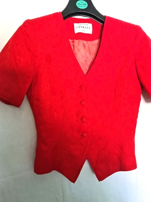 Caroline Charles 10 / 12 Lipstick Red Floral Brocade Smart Short Sleeve Jacket • £34.99