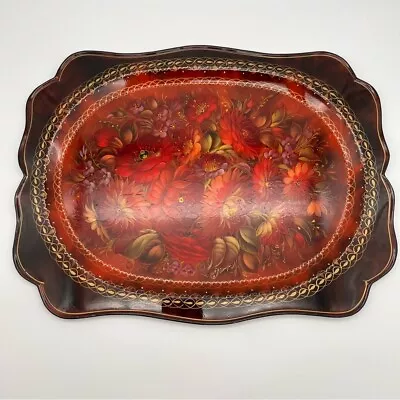 Vintage Hand Painted Floral Scalloped Edge Metal Toleware Tray Signed 17.5” • $21.99