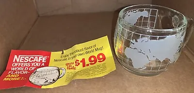 VINTAGE 1970's Nestle Nescafe WORLD GLOBE Etched Glass Coffee Mug Cup & Flier • $8.95