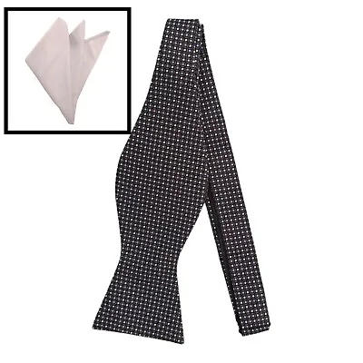 Mens BOW TIE SELF TIE 100% Silk Black Geometric Adjustable Bowtie POCKET SQUARE • $12.87