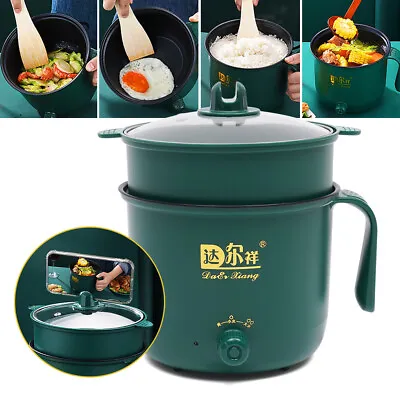 Green Mini Electric Cooker Hot Pot Steamer 2 Layer Non-Stick Noodles Rice Soup • $20.90