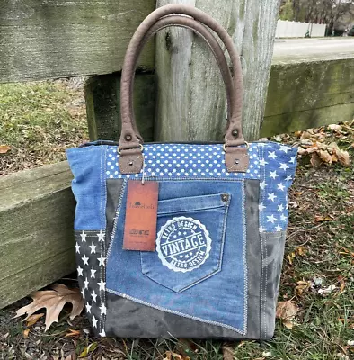 Trendy Denim And Upcycled Canvas Multicolor Cowgirl Distressed Charm Tote Bag • $48.95