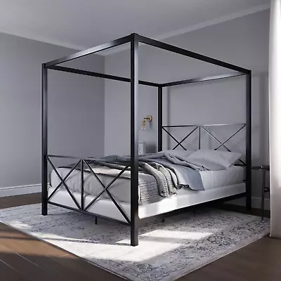  Metal Canopy Bed Frame W/ Four Poster Design (Black) • £410.51
