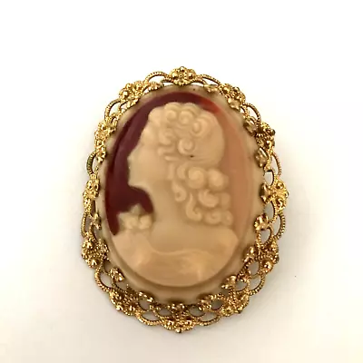 Vintage Cameo Brooch Prong Set Bust Lady Gold Tone Floral Metal Oval 4.5cm • £14.99