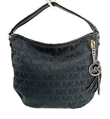 Michael Kors Black Logo Jacquard Shoulder Bag Purse Woven Strap Charm AI402 • $49.63