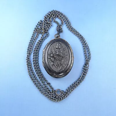 Victorian Gutta Percha Locket Pendant & Chain / Antique Mourning Vulcanite • $89