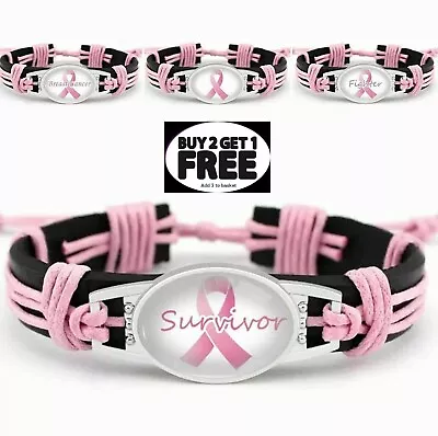 Cancer Support Breast Ribbon Medical Alert Bracelet Badge Type Survival Leather • £3.99