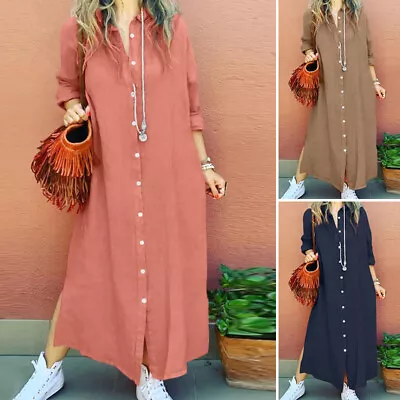 Plus Size Women Long Sleeve Button Down Shirt Dress Ladies Tunic Maxi Dresses UK • £16.12