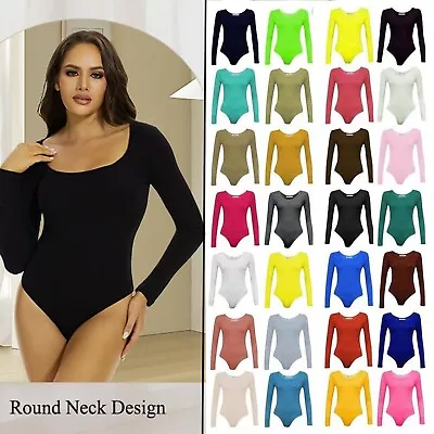 Ladies Women Scoop Neck Bodysuit Long Sleeve Leotard Plain Stretch Top Casual • £9.49