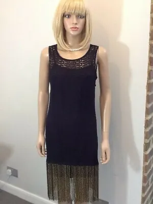 ZARA WOMAN Black Lace/Gold & Black Beaded Hem Flapper Cocktail Dress M Bust 34  • £15