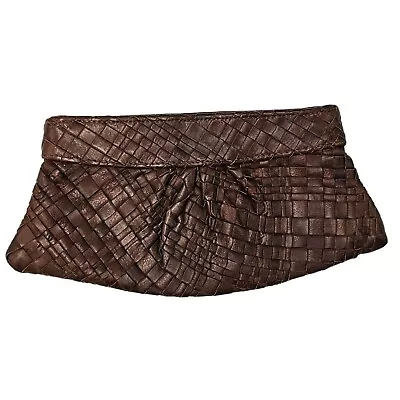 Lauren Merkin Brown Woven Leather Pouch Embossed Magnetic Closure • $85