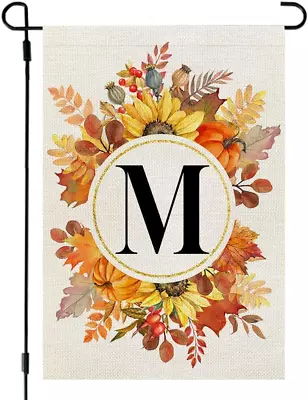 Fall Monogram Letter M Garden Flag Sunflower Pumpkin Leaves 12X18 Inch Double Si • $8.22