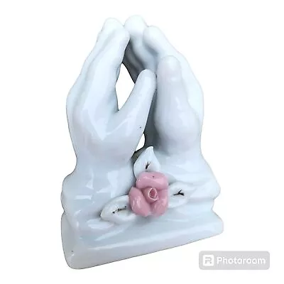 Vintage Praying Hands Ceramic Religious Figurine Pink Flower W/ Petals Stunning • $13