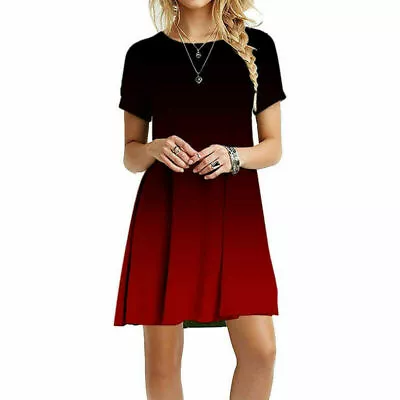 $16.25 • Buy Women Summer Short Sleeve Casual Short Dress Crew Neck Tie-dye Print Loose Dress