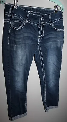 Vanity Premium Coll Women's Dark Wash Distress Capri Cropped Blue Jean Shorts 29 • $15