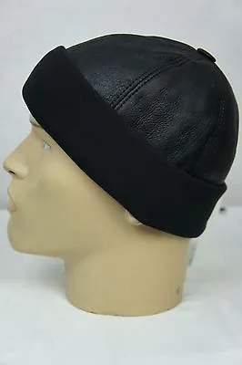 Black Shearling Leather Fur Knit Beanie Cuff Round Bucket Winter Ski Hat M-XXL • $16