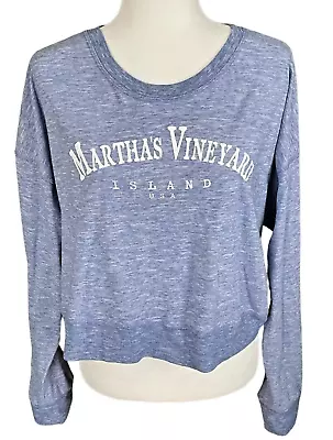 Martha’s Vineyard Sz XL Spell Out Long Sleeve T Shirt Cropped Blue Micro Striped • $16.99