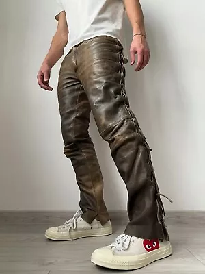 Mens 5 Pockets Real Leather Vintage Jeans Biker Pants Laces Distressed Pants • $99