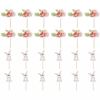  48 Pcs Wood Bunny Flower Flag Wedding Decoration Easter Cake Toppers • £5.68